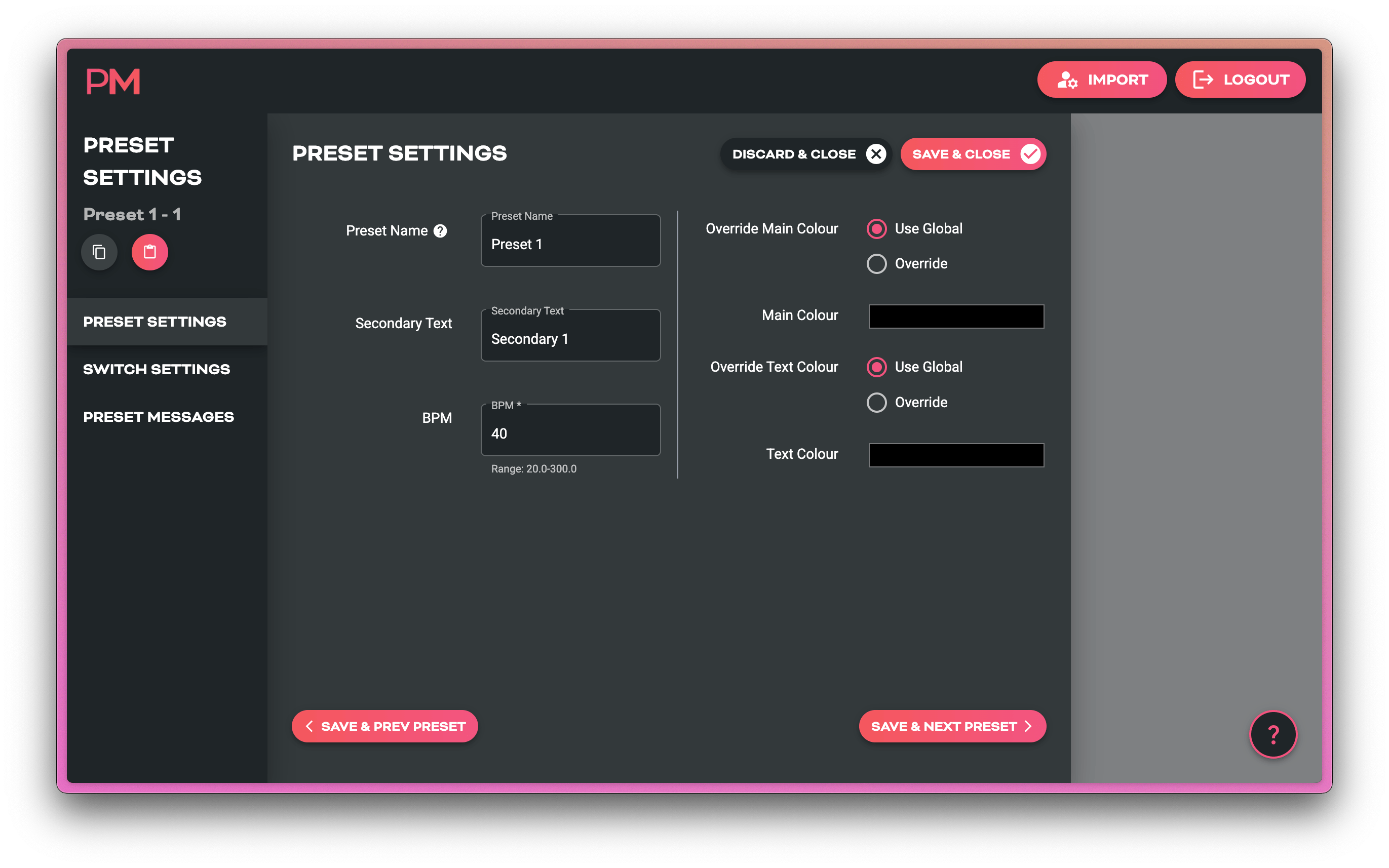 Scribble Preset Settings Page